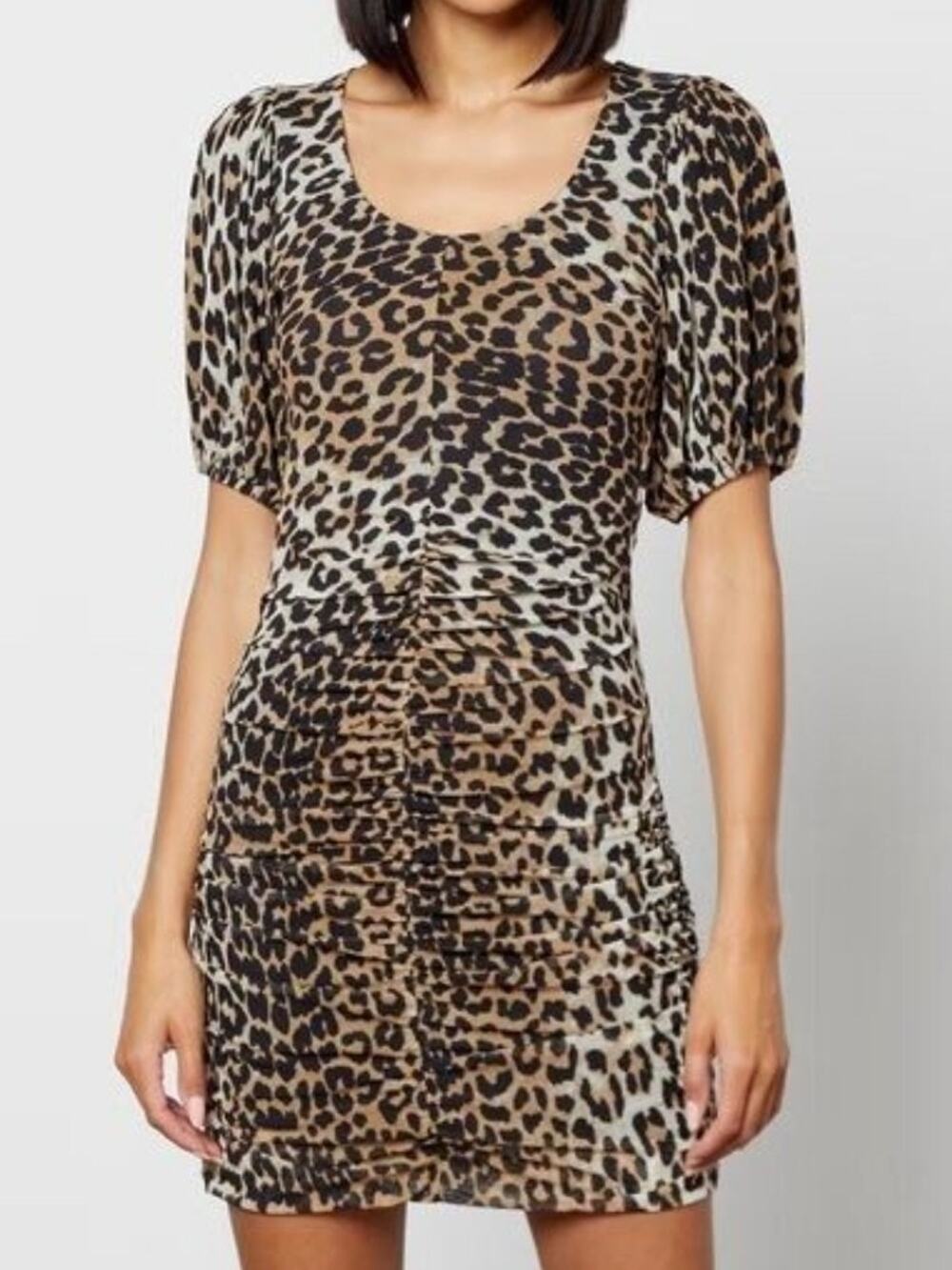 GANNI Leopard Print Ruched Mesh Puff Sleeve Bodycon Mini Dress Size 38 US 6